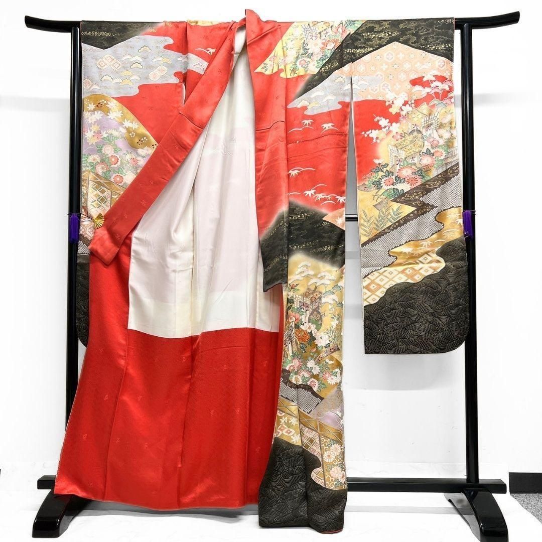 振袖 身丈166 金彩 金駒刺繍 牡丹 御所車 七宝 正絹 着物 033b p 