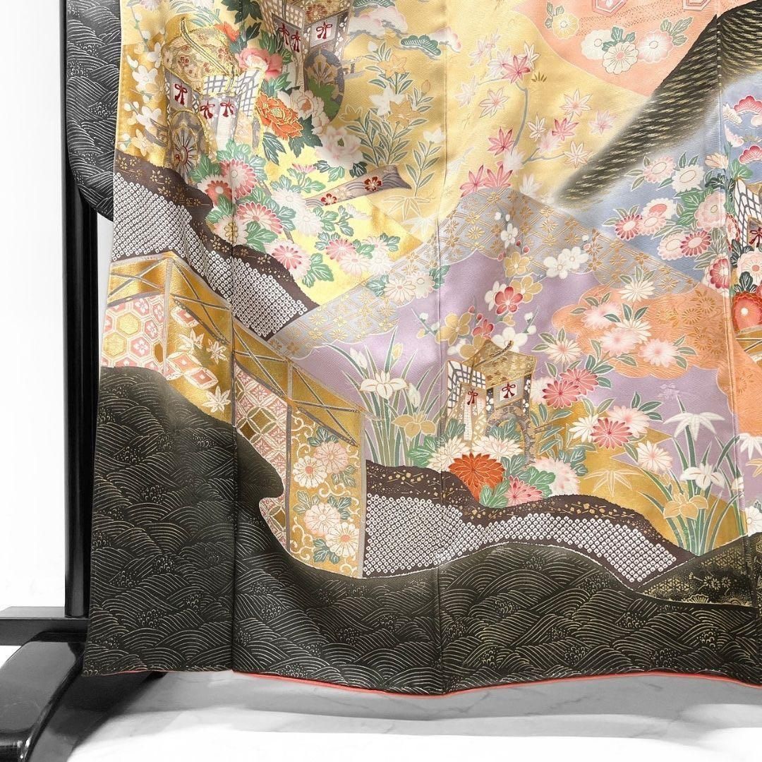 振袖 落款あり 身丈166cm MH7 振袖 身丈166 金彩 金駒刺繍 牡丹 御所車 