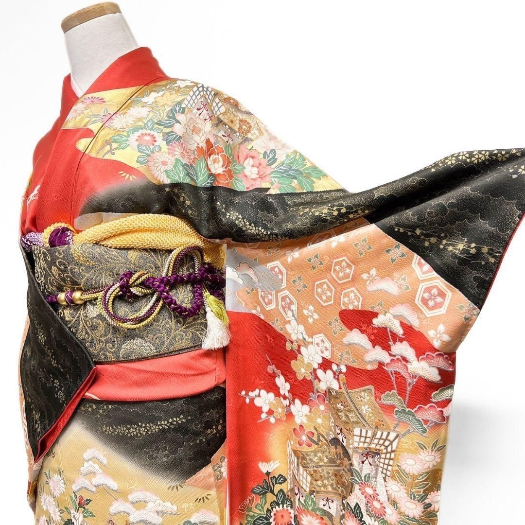 振袖身丈166 金彩金駒刺繍牡丹御所車七宝正絹着物033b p | Buyee