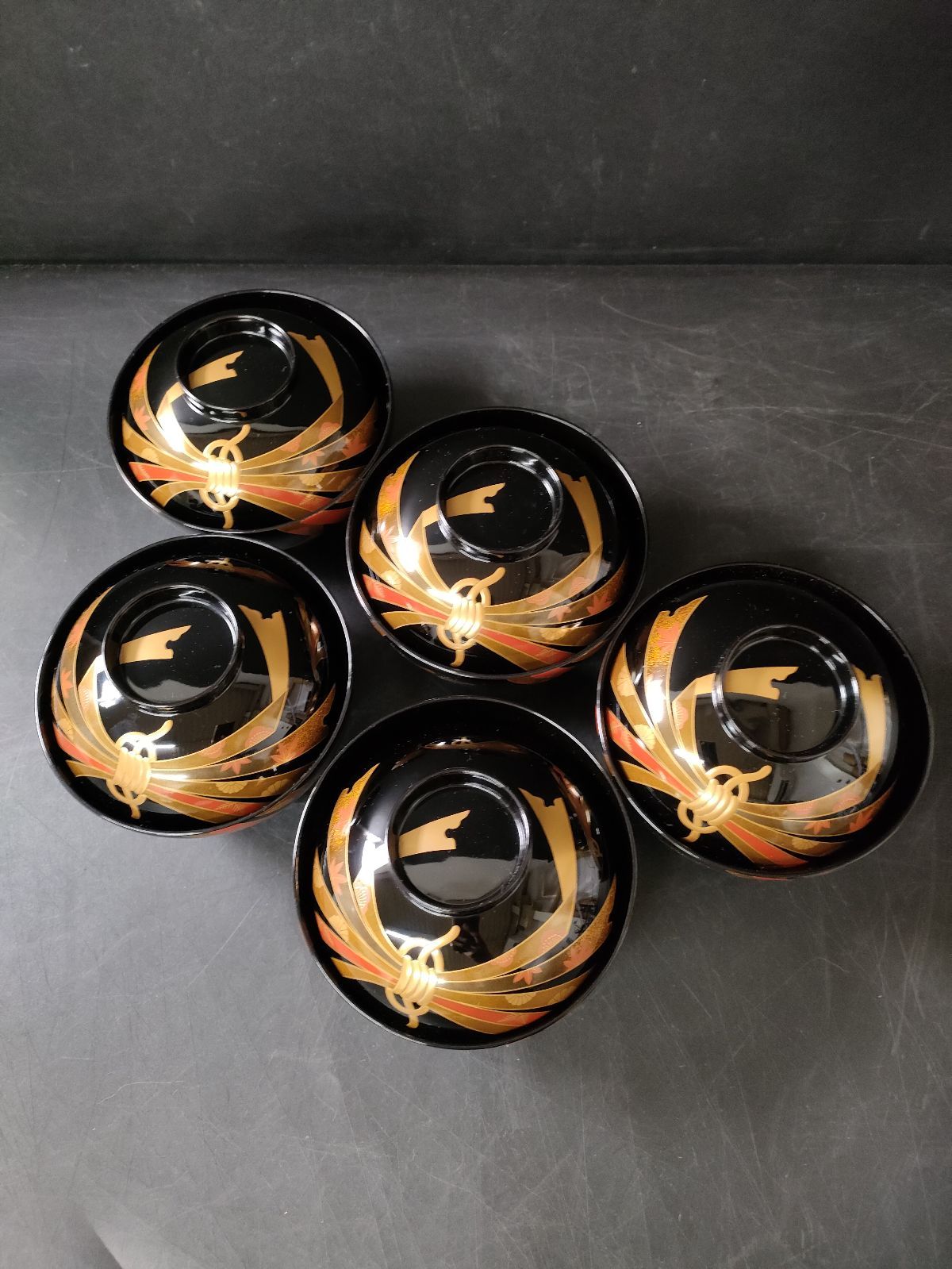 F13-09/輪島塗/のし蒔絵 吸物椀 5客/骨董/漆塗/漆器/吸物椀/蓋茶碗