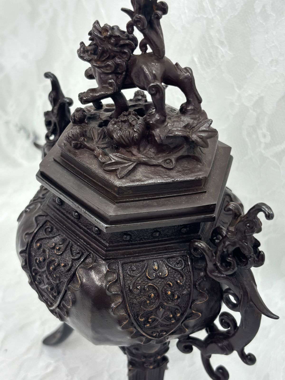 未使用美品 二上 元威（常太郎）作 高級高岡香炉「獅子香炉」蝉型士