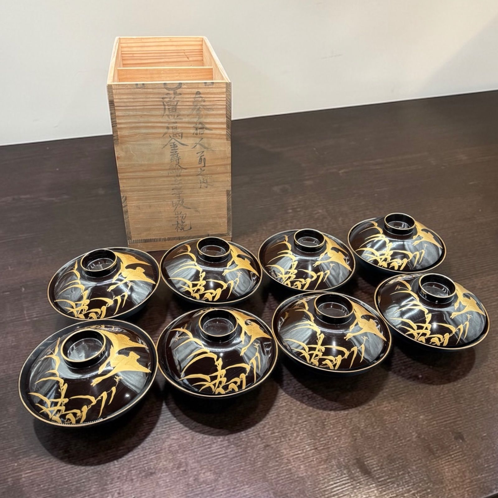 8客セット】 蔵出し 金蒔絵 吸物椀 双鶴 御汁椀 漆器 塗物 天然木 煮物 