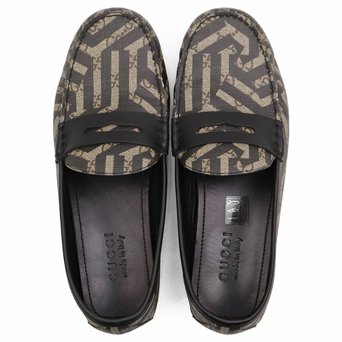 SALE【美品】GUCCI グッチ ドライビングシューズ サイズ 7.5 メンズ シグネチャー ロゴ GGスプリーム カレイド ペニーローファー スリッポン シューズ 革靴 箱・袋付属 ブラック ベージュ 黒 イタリア製 メンズ SALE【美品】GUCCI グッチ ドライビングシューズ サイズ 7.5