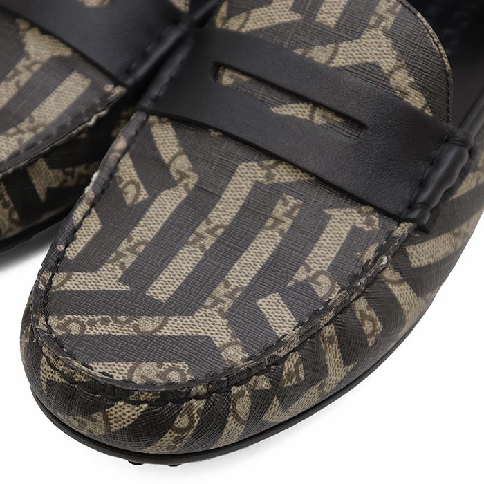 SALE【美品】GUCCI グッチ ドライビングシューズ サイズ 7.5 メンズ シグネチャー ロゴ GGスプリーム カレイド ペニーローファー スリッポン シューズ 革靴 箱・袋付属 ブラック ベージュ 黒 イタリア製 メンズ SALE【美品】GUCCI グッチ ドライビングシューズ サイズ 7.5