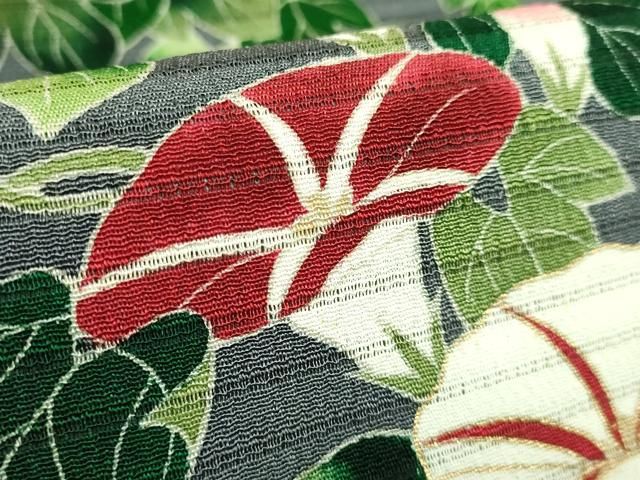 平和屋本店＊極上 夏物 九寸名古屋帯 絽縮緬 朝顔 金彩 薄い藍墨茶色地