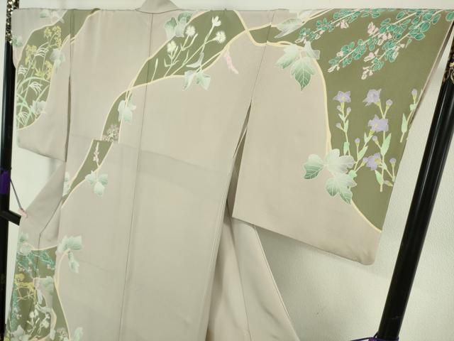 平和屋本店●極上　本加賀友禅作家　由水煌人　訪問着　草花文　薄柿色地　逸品　DZAB5853kh6 平和屋本店○極上 本加賀友禅作家 由水煌人 訪問着 草花文 薄柿色地