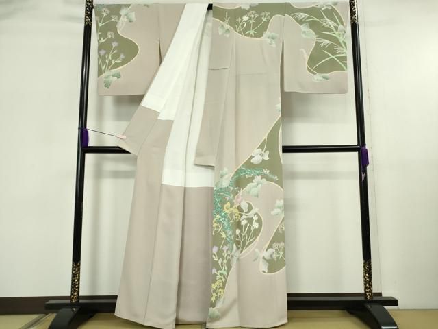 平和屋本店○極上 本加賀友禅作家 由水煌人 訪問着 草花文 薄柿色地