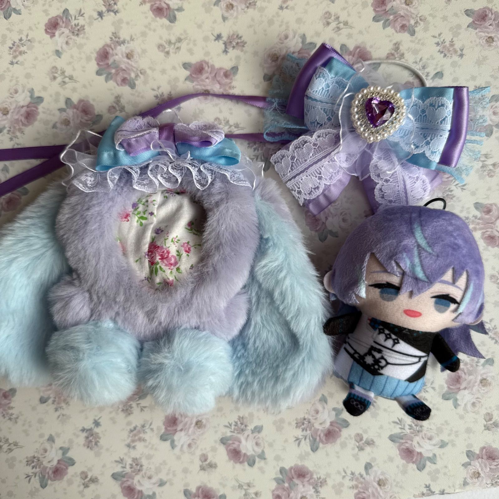 1029】ぬい服 おすわりぬい服 10cm にじぱぺっと 垂れ耳うさぎ 水色 紫