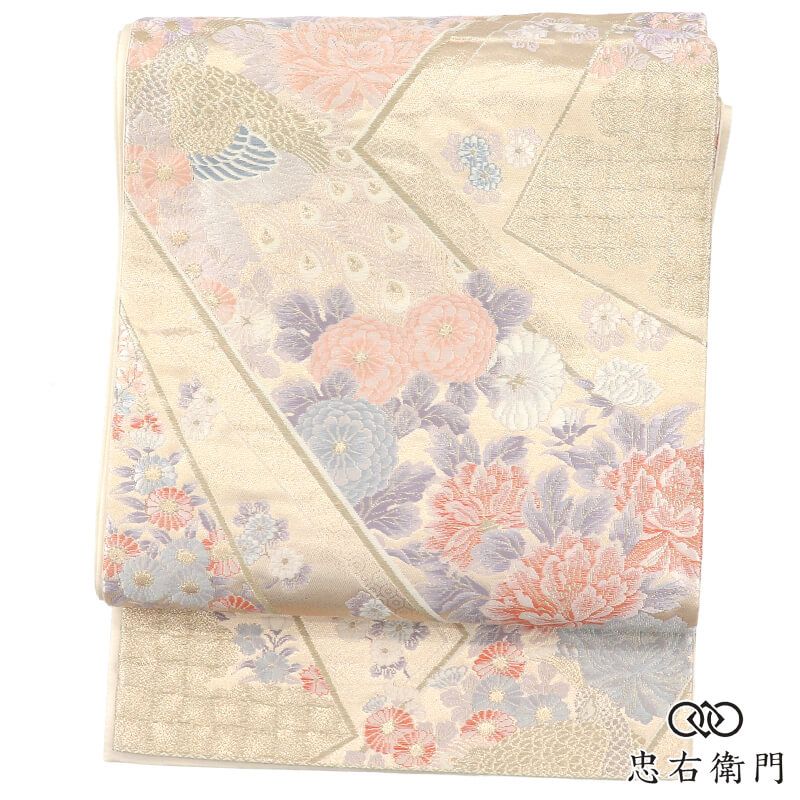 袋帯 正絹 六通柄 金ベージュ 菊 牡丹 孔雀 伝統文様 長さ422cm 幅31cm 