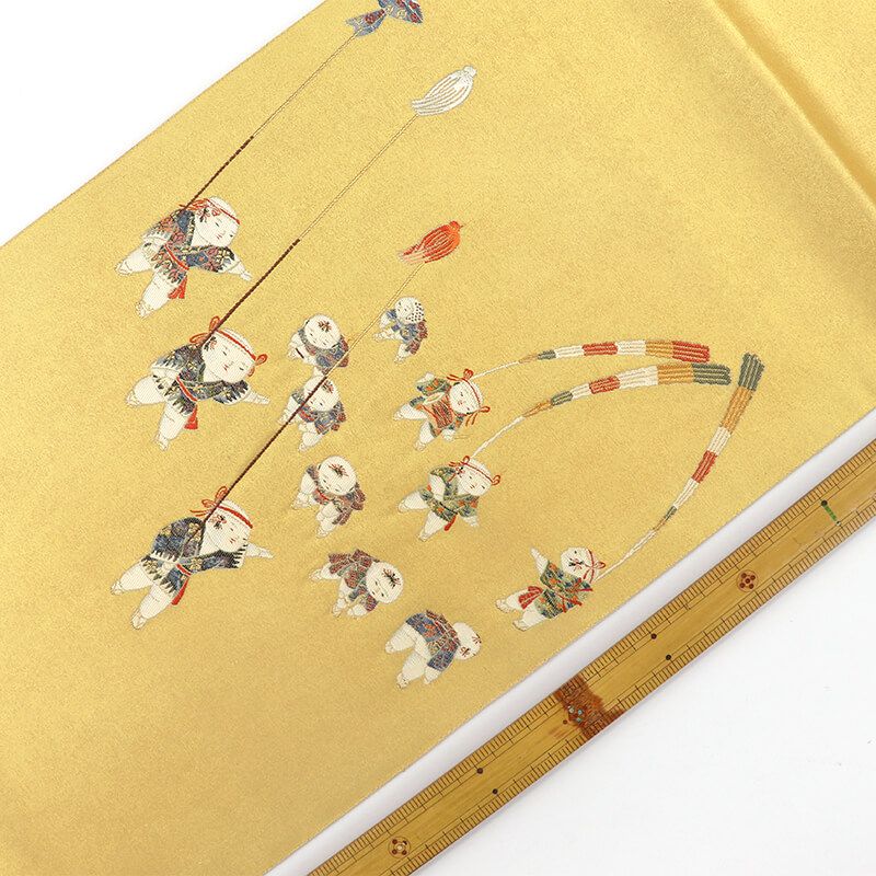 箱付き 本金箔 袋帯 正絹 お太鼓柄 金 童子 祭り 踊り 個性柄 時代柄 