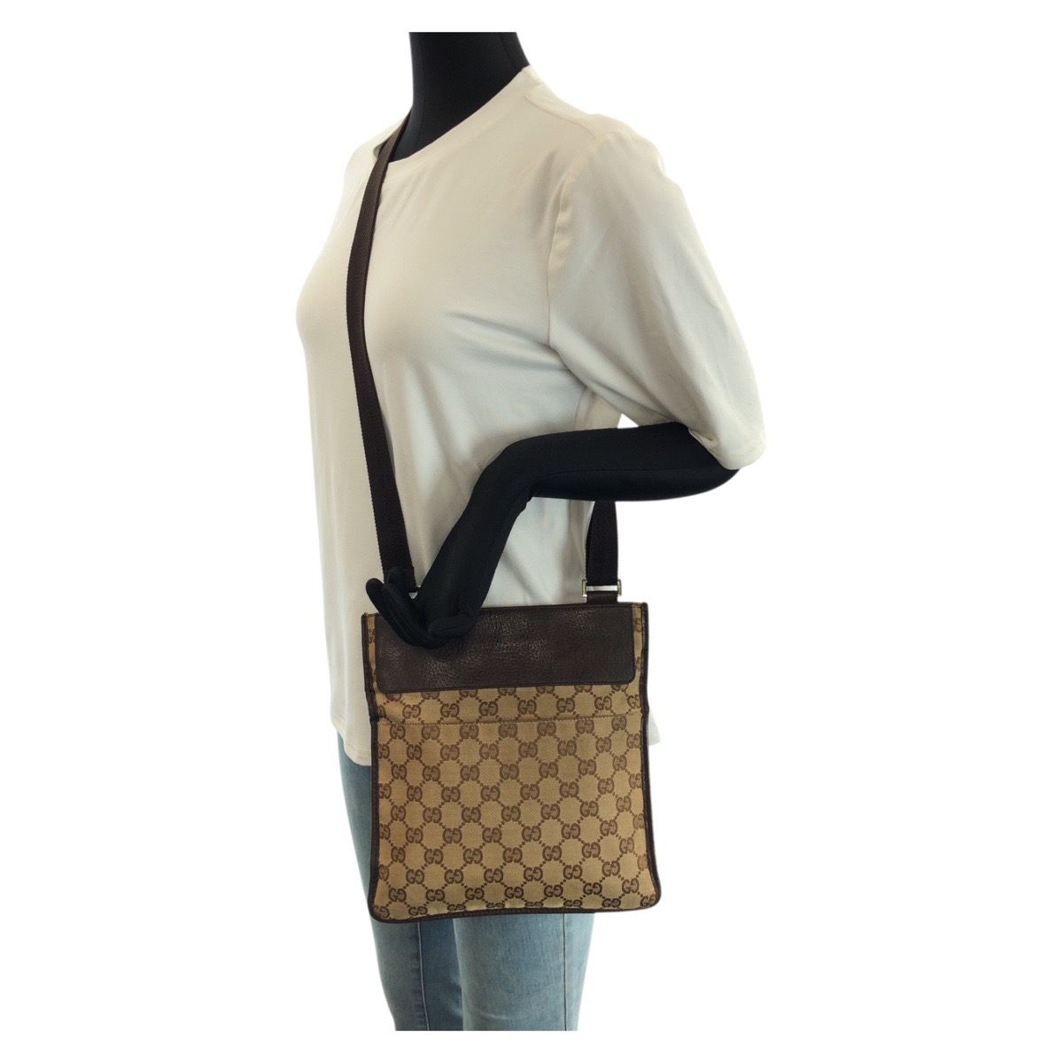 GUCCI グッチ ベージュ ダークブラウン  GGキャンバス /レザー 27639 ショルダーバッグ ポシェット レディース 601555 【中古】 GUCCI グッチ ベージュ ダークブラウン GGキャンバス/レザー 27639