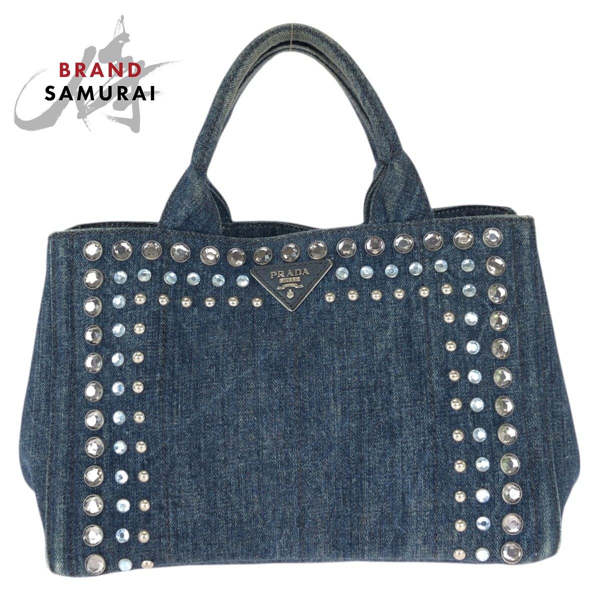 美品 プラダ カナパ トートバッグ 三角プレート デニム インディゴ 