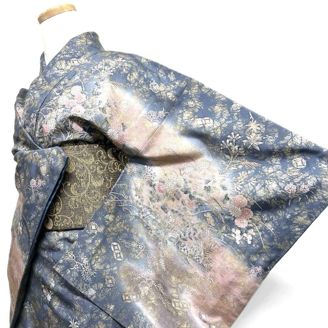 訪問着 身丈161 裄66 金彩 菊花 紬 正絹 着物 033b p - メルカリ