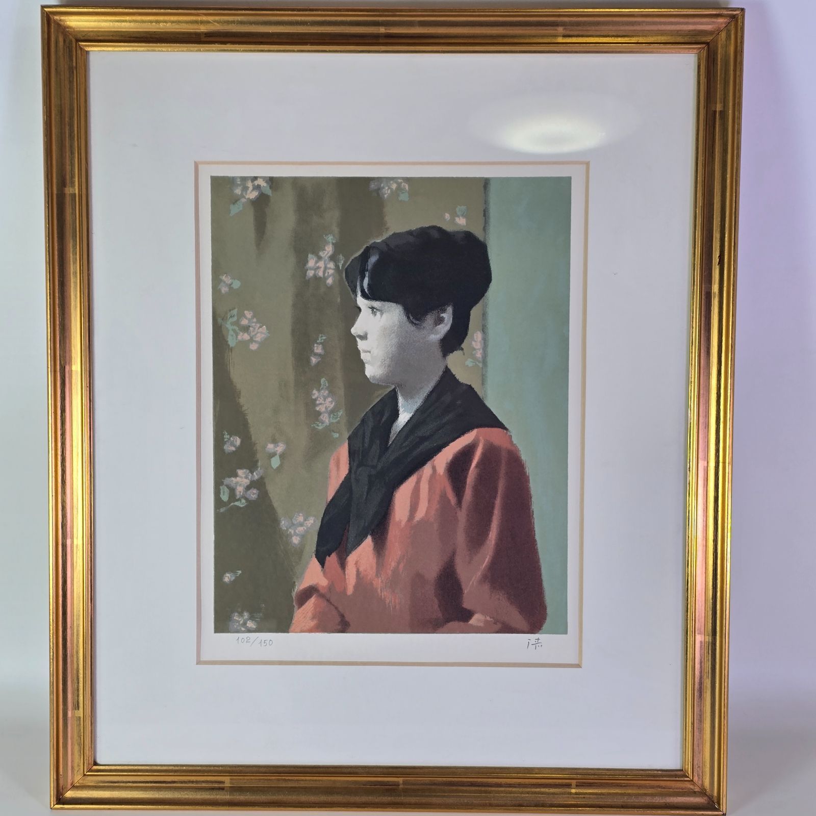 中村清治　【静物画】lithograph 150限定 リトグラフ 人気実力作家・中村 清治 ネッカチーフをした婦人 102/150