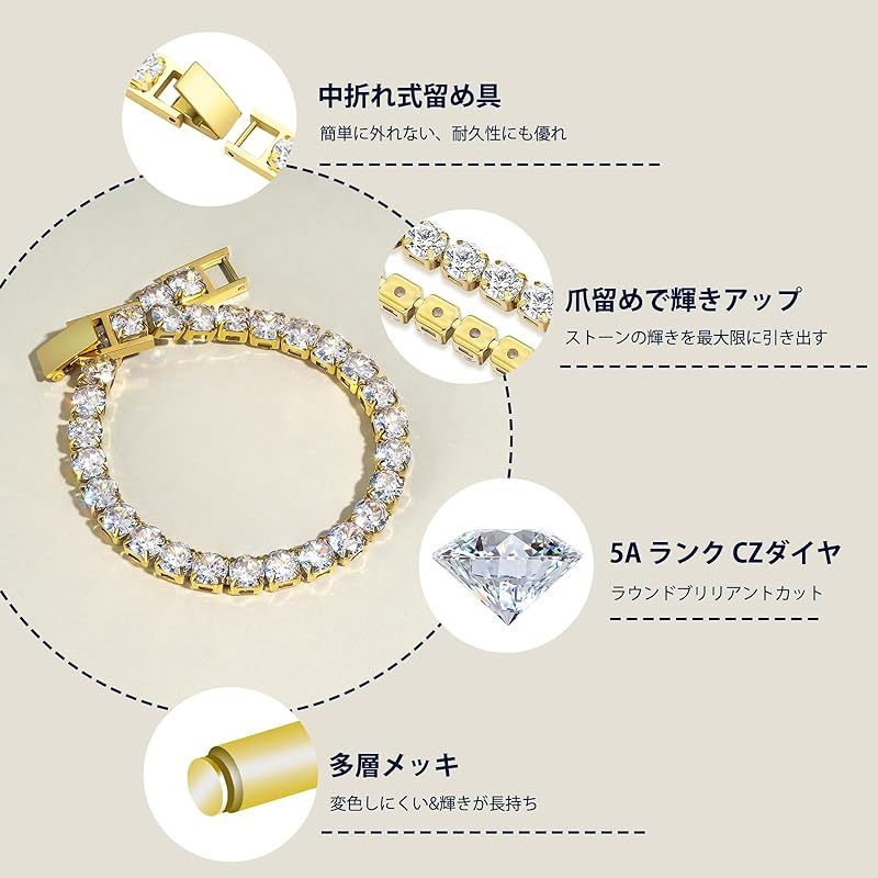 KRKC&CO テニスブレスレット レディース 幅5mm ジルコニア K14金メッキ 