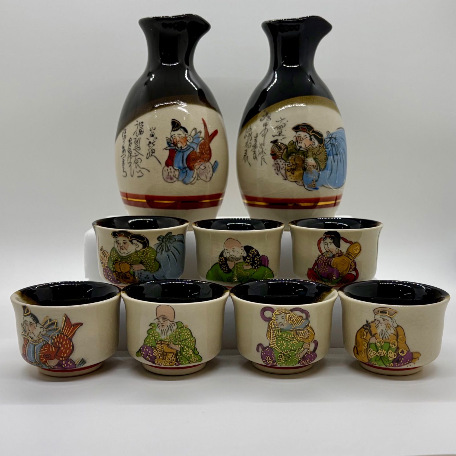 ジャンク品 九谷 酒器 徳利 九谷焼 酒 器 セット 木 未使用品 九谷焼 七福神 徳利 ぐい呑み 7客 2