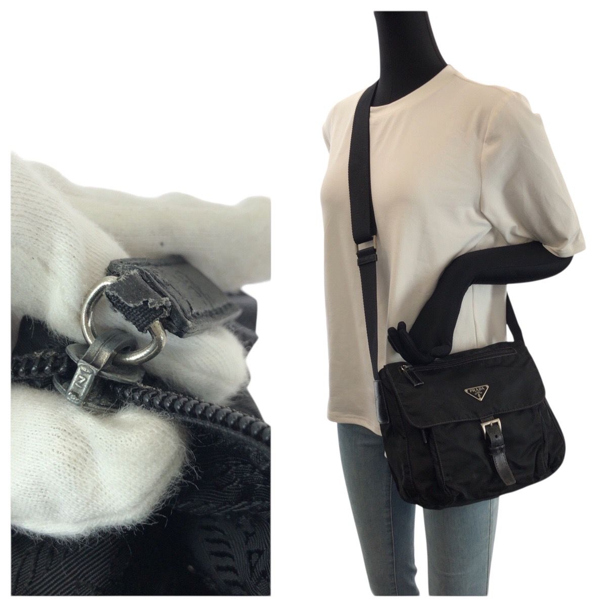 PRADA プラダ テスート 三角ロゴプレート ブラック 黒 シルバー金具 ナイロン /レザー ショルダーバッグ メッセンジャーバッグ レディース 500294 【中古】 PRADA プラダ テスート 三角ロゴプレート ブラック 黒 シルバー金具