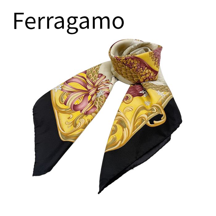 フェラガモ Salvatore Ferragamo シルクスカーフ 大判 ゴールド