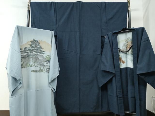 平和屋着物■極上　男性　紬　アンサンブル　長襦袢(袷)・長羽織セット　色無地　濃い藍鉄色　逸品　未使用　DZAB2166kh6 平和屋着物□極上 男性 紬 アンサンブル 長襦袢(袷)・長羽織セット 色