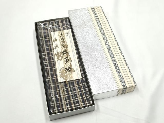 平和屋着物●男性　本場筑前博多織　角帯　格子柄　証紙付き　正絹　逸品　CABF8498hy 平和屋着物○男性 本場筑前博多織 角帯 格子柄 紙箱・証紙付き 正絹