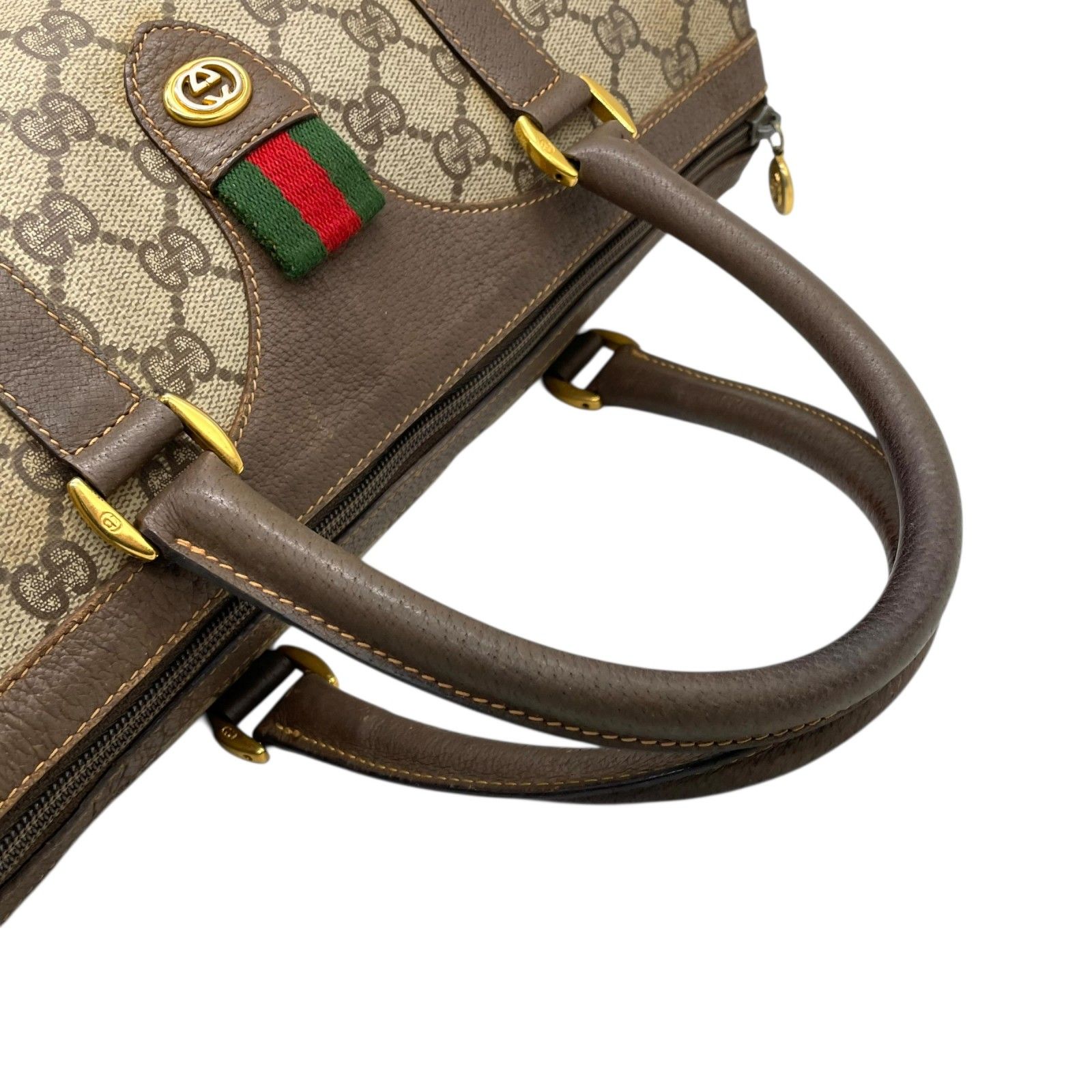 オールドグッチ　シェリーライン　ミニボストン　GGスプリーム　PVC ベージュ GUCCI グッチ シェリーライン PVC×レザー ミニボストン ハンドバッグ