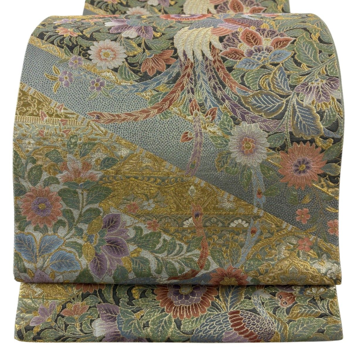 美品】 袋帯 秀品 孔雀 草花 箔 金糸 灰色 六通 正絹 【中古】 - メルカリ