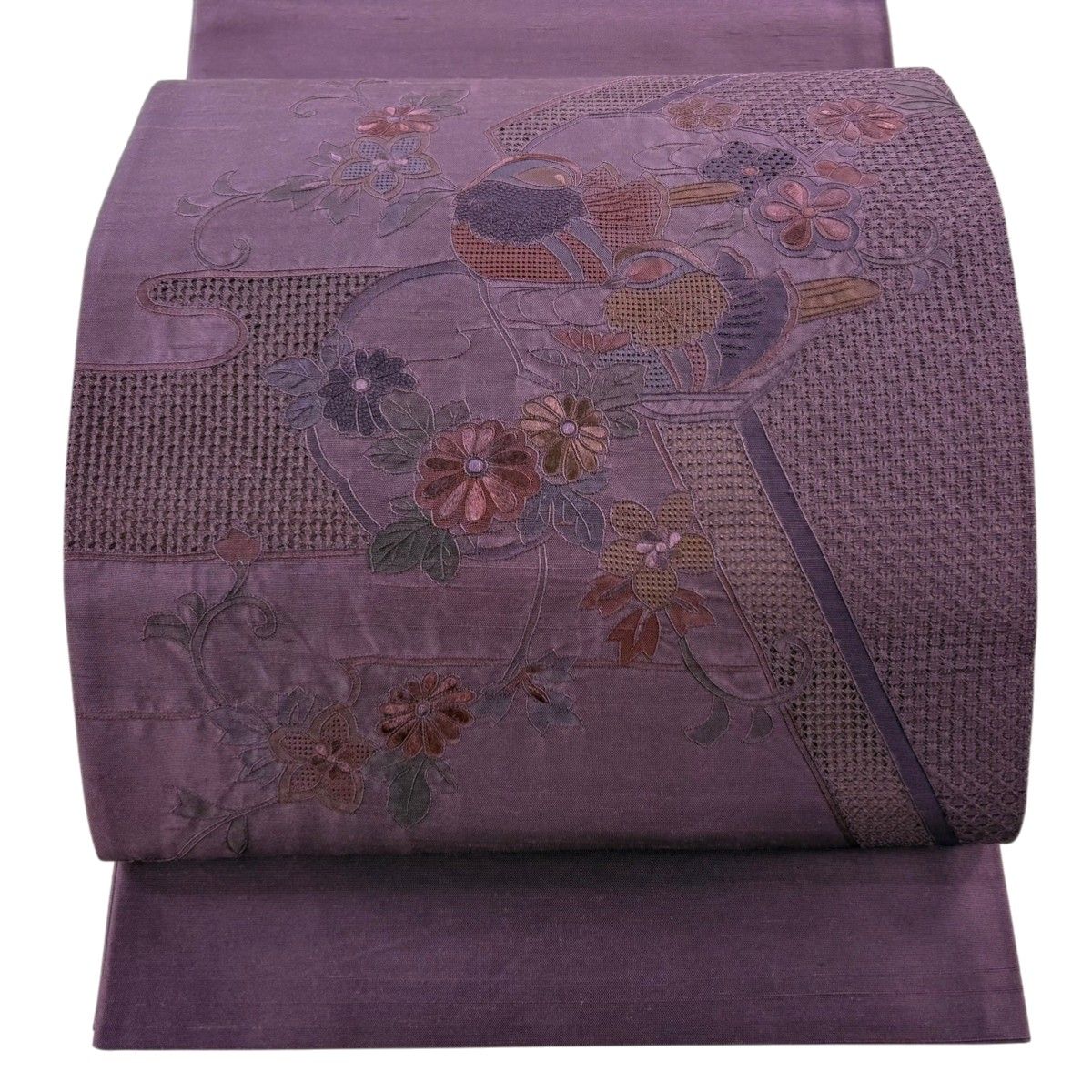 【未使用品】袋帯　相良刺繍　宝相華　紬地　お太鼓柄　緑紫ピンク 未使用品】袋帯 相良刺繍 宝相華 紬地 お太鼓柄 緑紫ピンク 【公式通販】