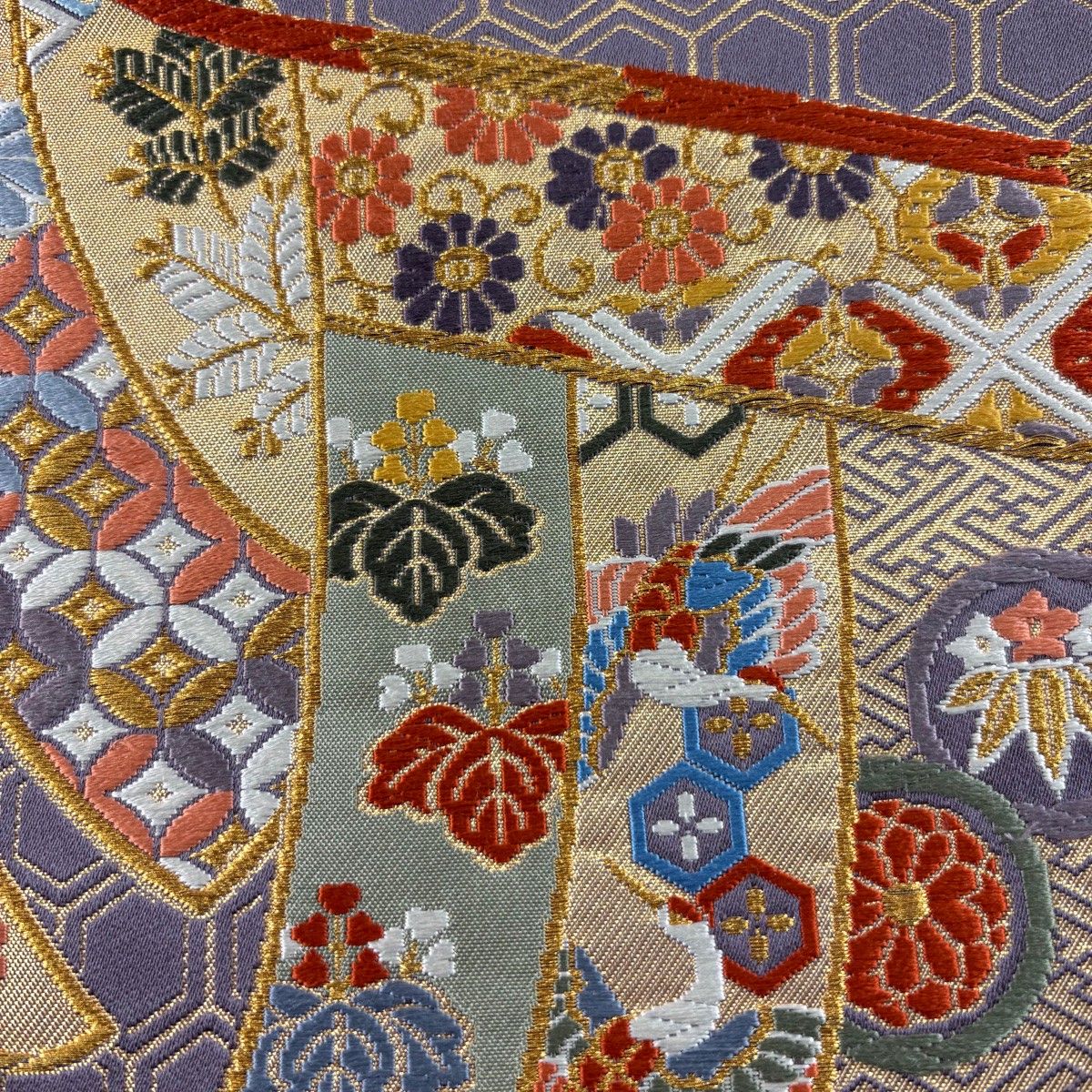 直営通販サイトです 袋帯 美品 秀品 全通全景乃図 几帳に花鳥文 箔