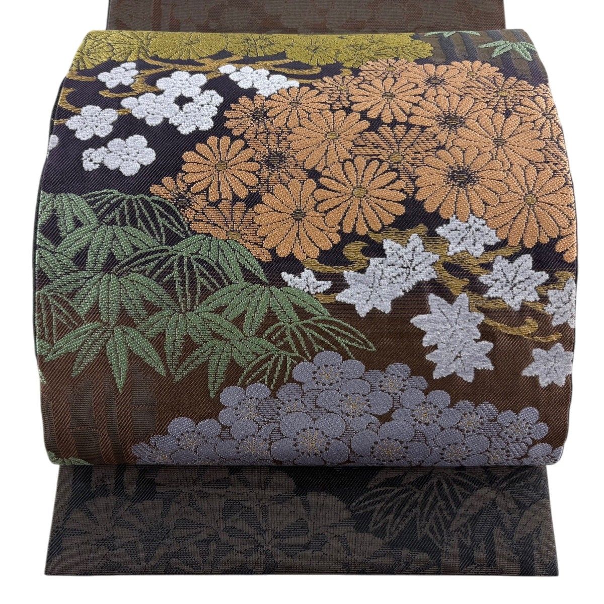 美品】 袋帯 秀品 松竹梅 菊 金糸 刺繍 灰紫 お太鼓柄 正絹 【中古 