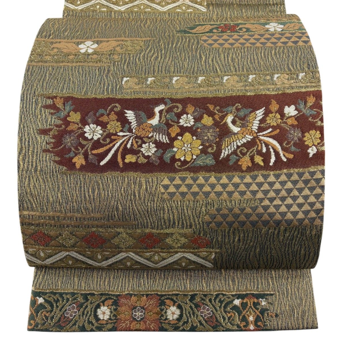 美品】 袋帯 秀品 花喰い鳥 霞 金糸 箔 金色 六通 正絹 【中古 美品】 袋帯 秀品 花喰い鳥 霞 金糸 箔 金色 六通 正絹 【中古