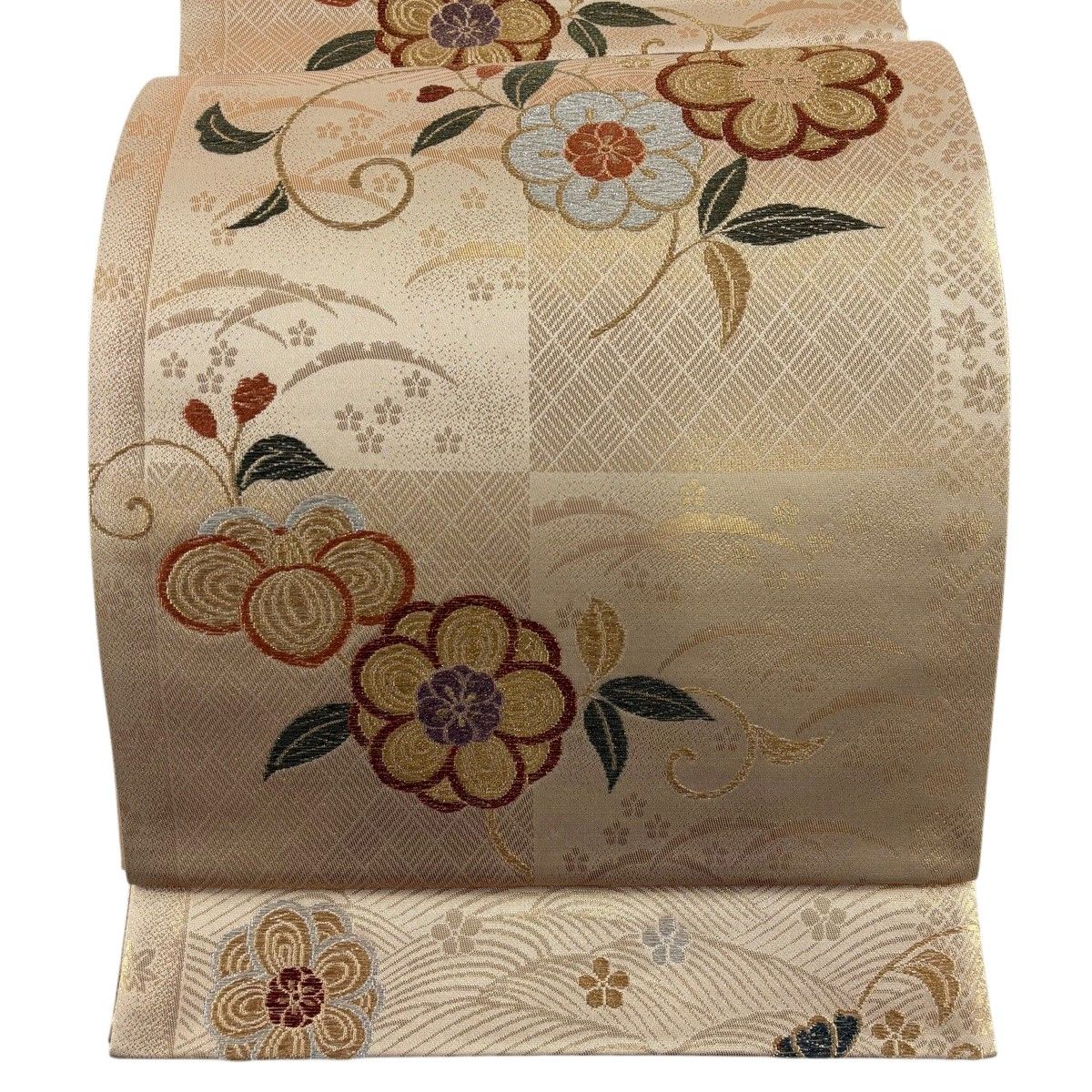 袋帯 美品 秀品 織悦 落款 花唐草 龍 金銀糸 ピンクベージュ 全