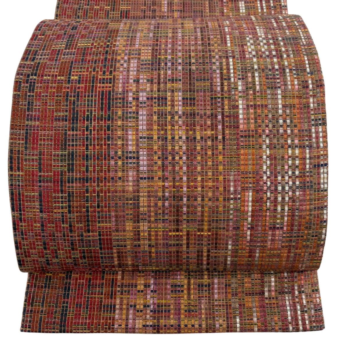 美品】 袋帯 秀品 やまと 縞 幾何学模様 赤茶 全通 正絹 【中古 