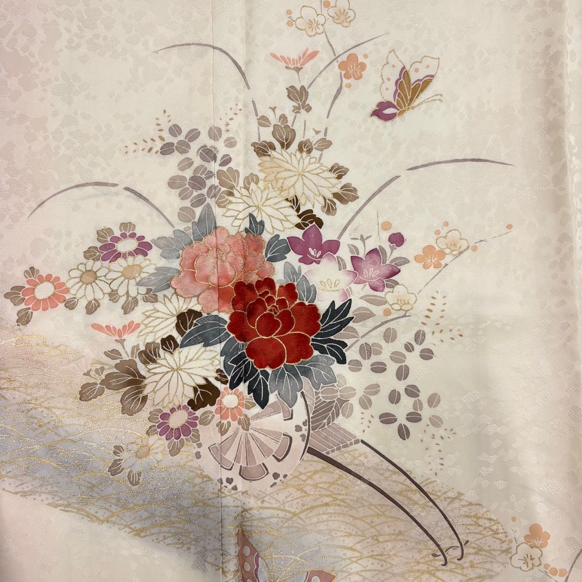 訪問着 身丈161cm 裄丈66cm M 袷 落款 花車 霞 刺繍 金銀彩 訪問着 身丈161cm 裄丈66cm M 袷 落款 花車 霞 刺繍 金銀彩