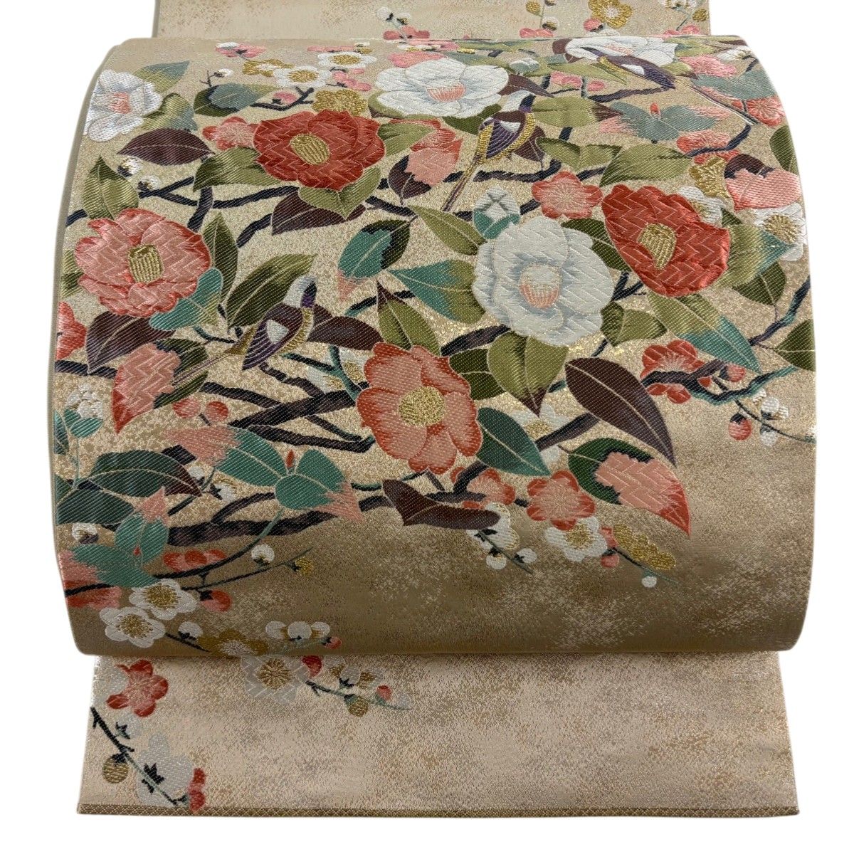 正絹 袋帯  ベージュ 金彩  御所車  花 鳥 刺繍  六通 袋帯 正絹 六通柄 未使用 仕立て付き フォーマル 六通 西陣織 ゴールド