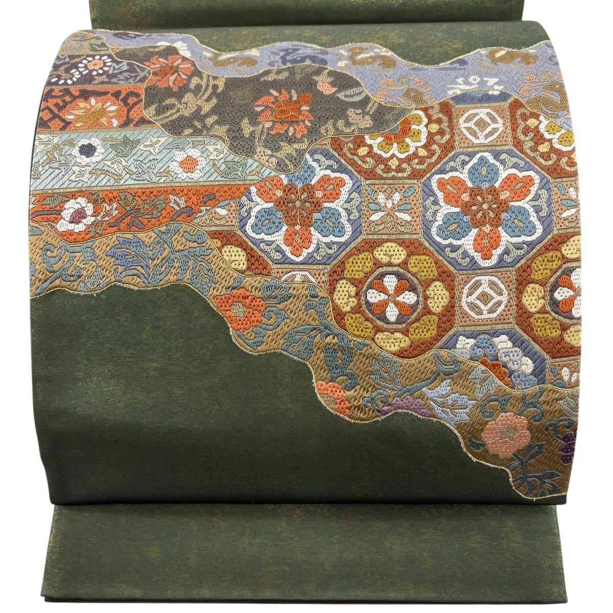袋帯 秀品 蜀江華文 草花 刺繍 金糸 緑 お太鼓柄 正絹 【中古 袋帯 秀品 蜀江華文 草花 刺繍 金糸 緑 お太鼓柄 正絹 【中古