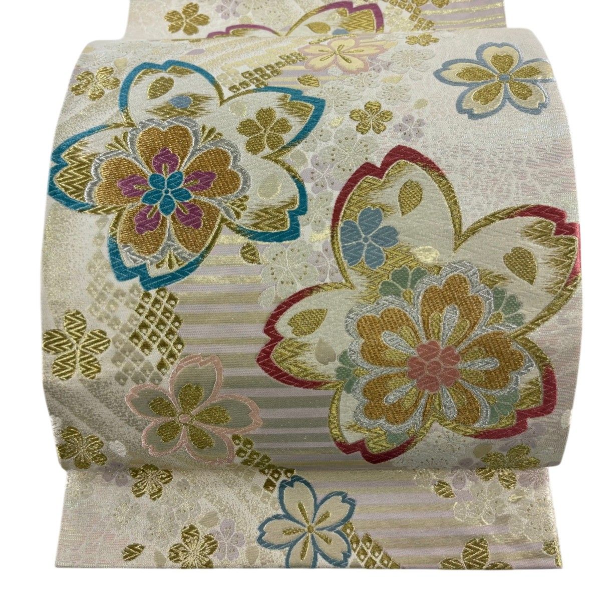 袋帯 秀品 桜 縞 金銀糸 箔 黒 六通 正絹(未仕立て)｜売買