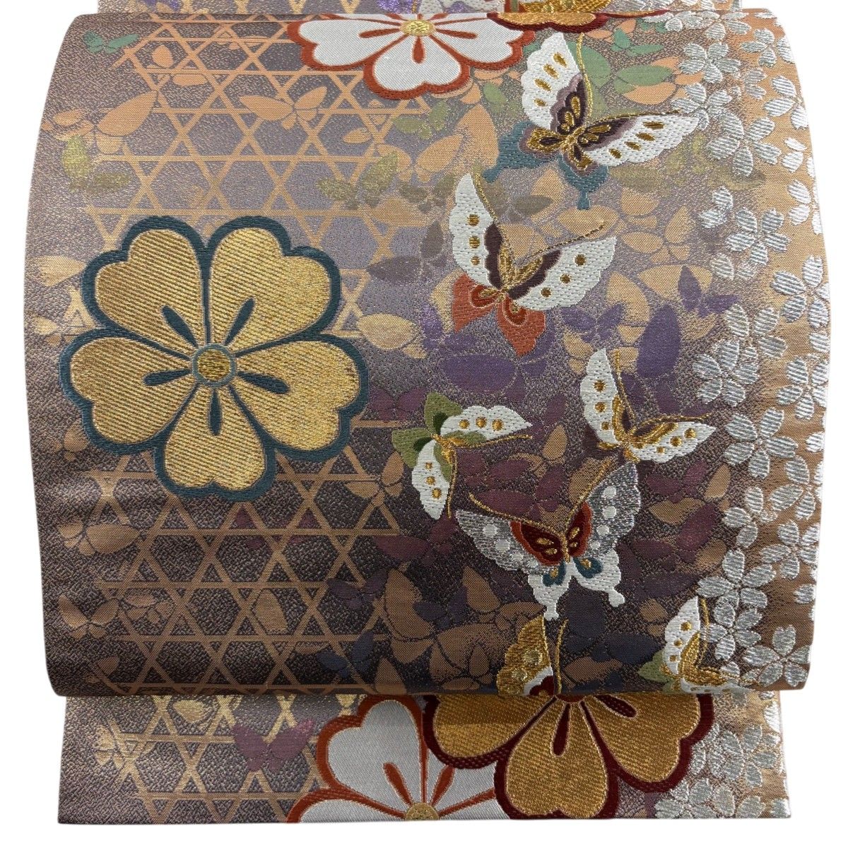 美品】 袋帯 秀品 振袖向き 桜 蝶 金銀糸 箔 灰紫 六通 正絹 【中古 