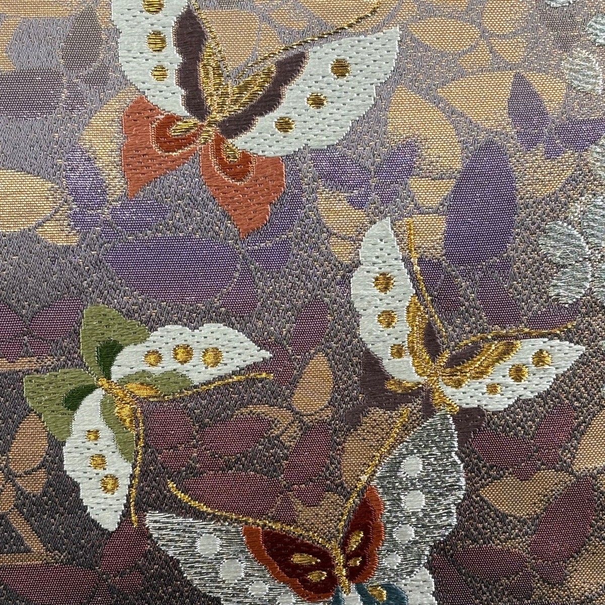 美品】 袋帯 秀品 振袖向き 桜 蝶 金銀糸 箔 灰紫 六通 正絹 【中古 