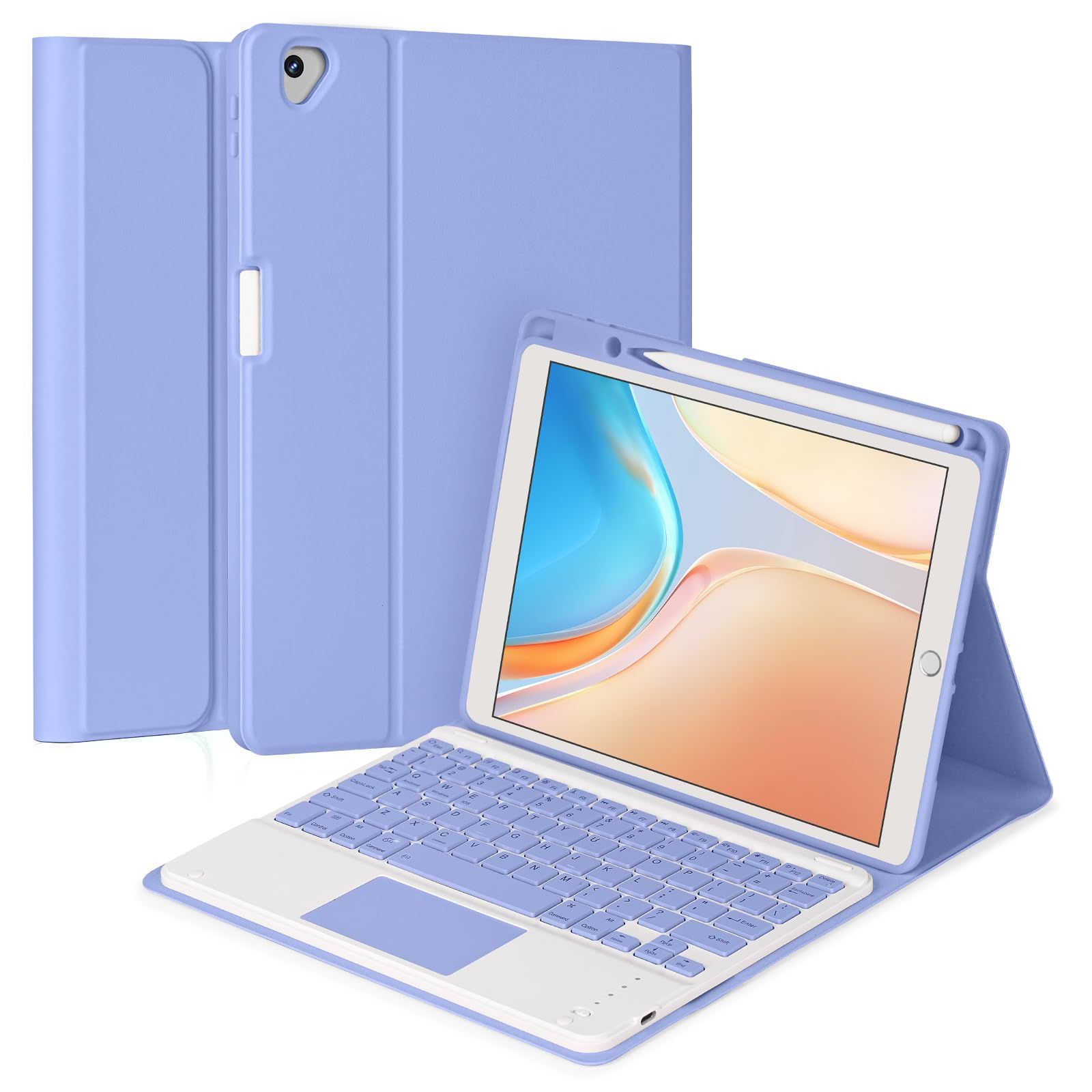 新品 iPad10.2キーボードケース ipad 第9/8/7世代 ipad air3 pro10.5兼用キーボードカバー 脱着式 タッチパッド搭載 上側ペンホルダー スタンド機能 全面保護 紫