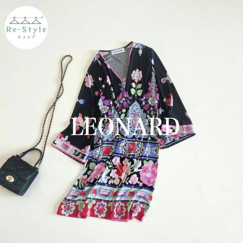 希少✨レオナール ワンピース トリム シルク100% 総柄 レディース LEONARD PARIS レオナールパリ ワンピース シルク100% 最高級 総柄