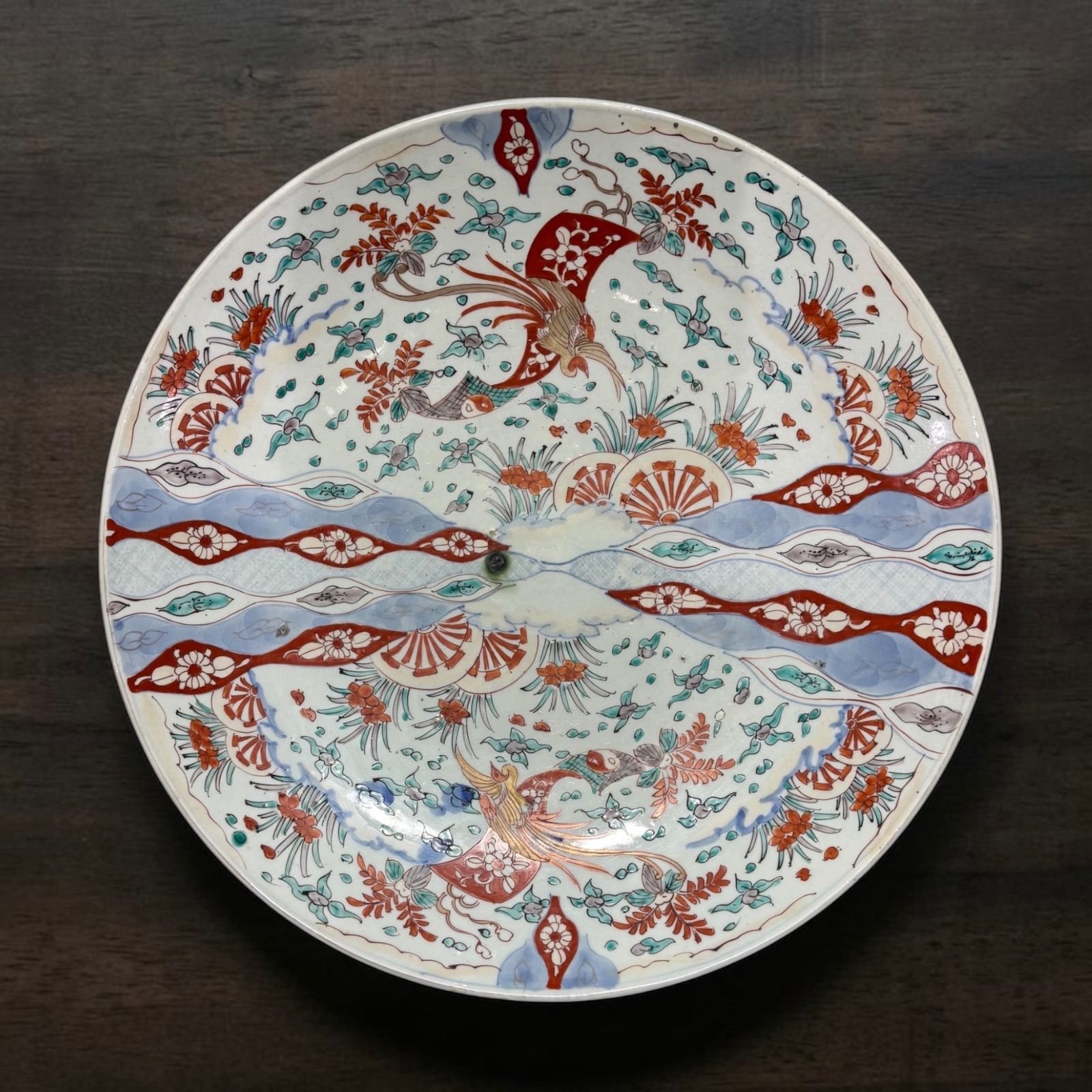 古伊万里 金彩 色絵 鳳凰草花文図 絵皿 大皿 取り皿 飾り皿 伊万里 