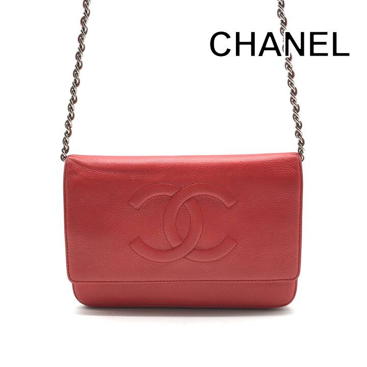 良品 CHANEL シャネル ココマーク キャビアスキン チェーン ショルダー ウォレット バッグ 財布 レッド レディース ブランド 小物 k7414 良品 CHANEL シャネル ココマーク キャビアスキン チェーン ショルダー