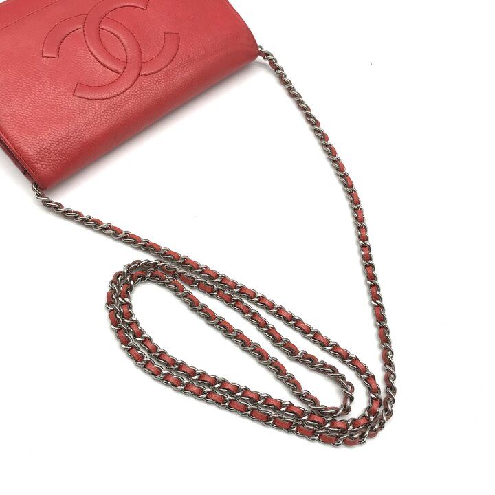 良品 CHANEL シャネル ココマーク キャビアスキン チェーン ショルダー ウォレット バッグ 財布 レッド レディース ブランド 小物 k7414 良品 CHANEL シャネル ココマーク キャビアスキン チェーン ショルダー