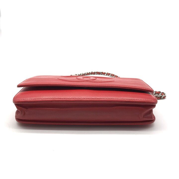 良品 CHANEL シャネル ココマーク キャビアスキン チェーン ショルダー ウォレット バッグ 財布 レッド レディース ブランド 小物 k7414 良品 CHANEL シャネル ココマーク キャビアスキン チェーン ショルダー