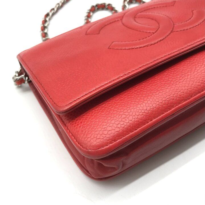 良品 CHANEL シャネル ココマーク キャビアスキン チェーン ショルダー ウォレット バッグ 財布 レッド レディース ブランド 小物 k7414 良品 CHANEL シャネル ココマーク キャビアスキン チェーン ショルダー