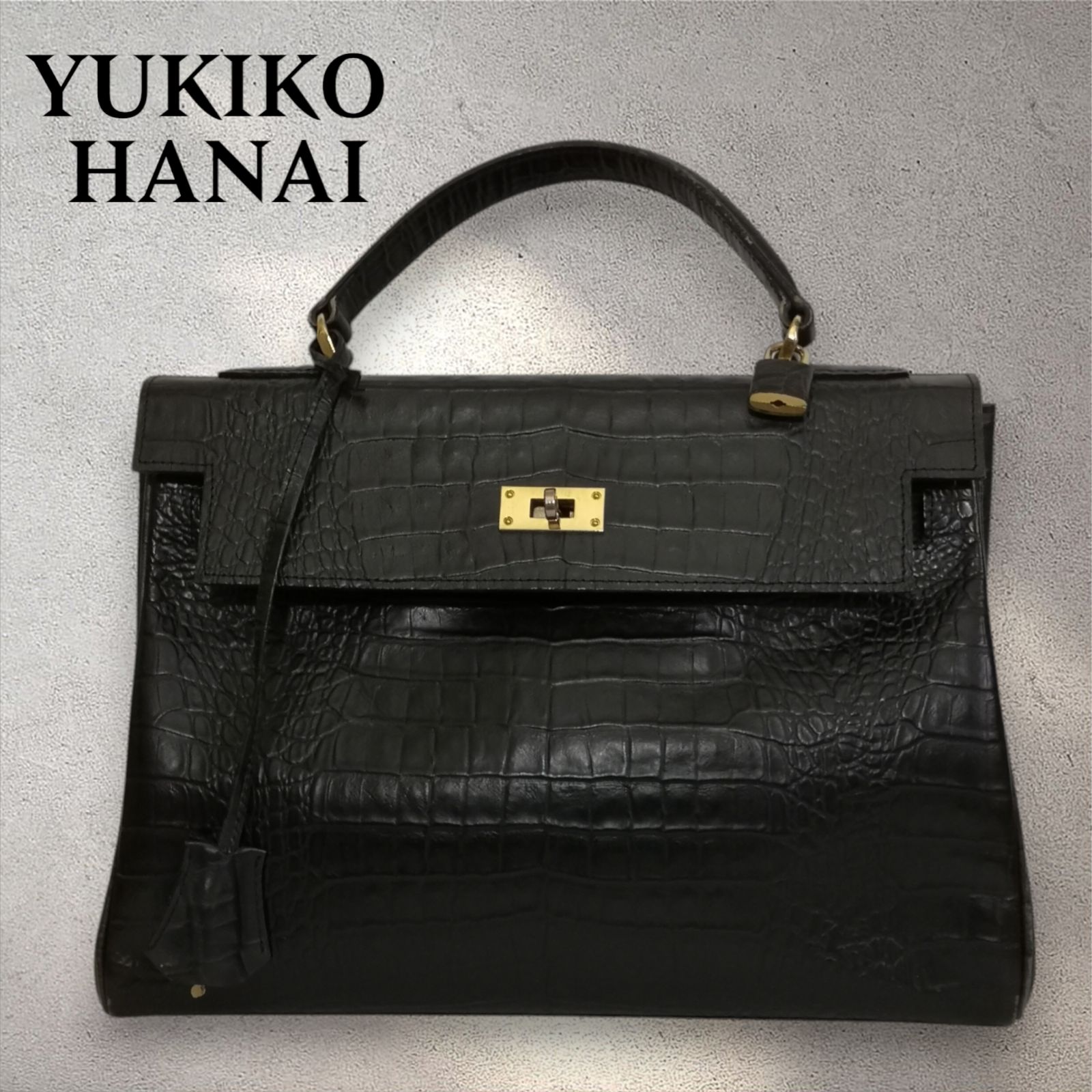 バッグ クロコ型押し風 2wayハンドバッグ 黒 ゴールド金具 上品 