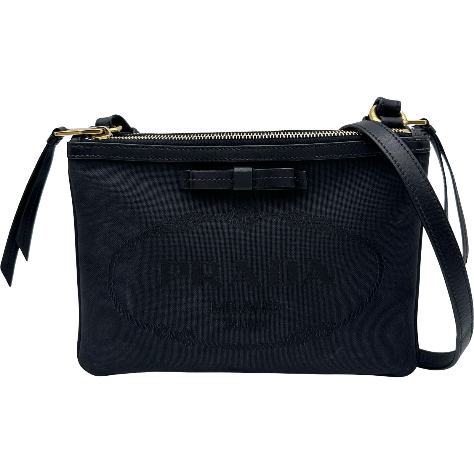 PRADA ジャガード レザー ショルダー バッグ デニム プラダ ゴールド 