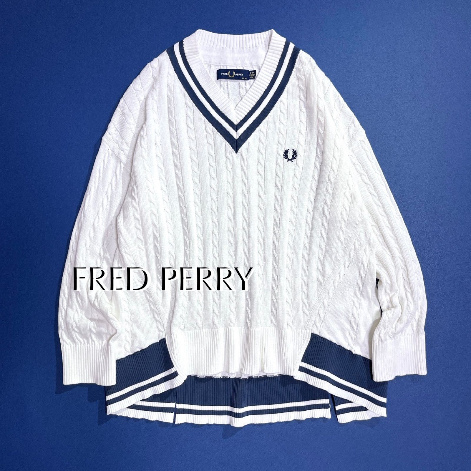 cW82 FRED PERRY チルデンニット ケーブルニット プルオーバー Vネック 