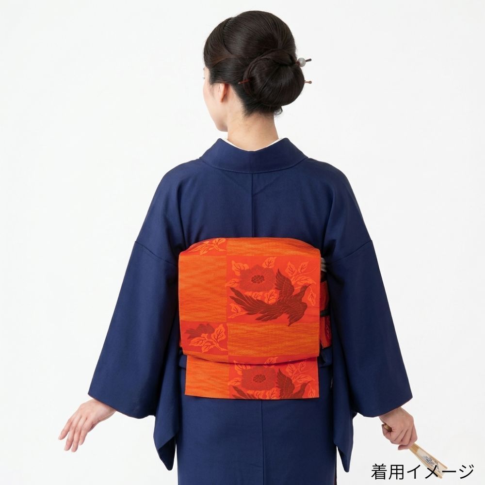 名古屋帯 正絹 リユース 橙色 朱色 鳳凰文様 花 k11-004-14 (8050