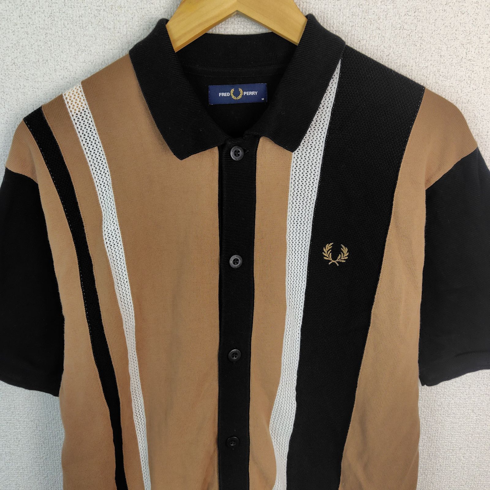 FRED PERRY フレッドペリー 半袖 ニットシャツ ストライプ ブラック M 